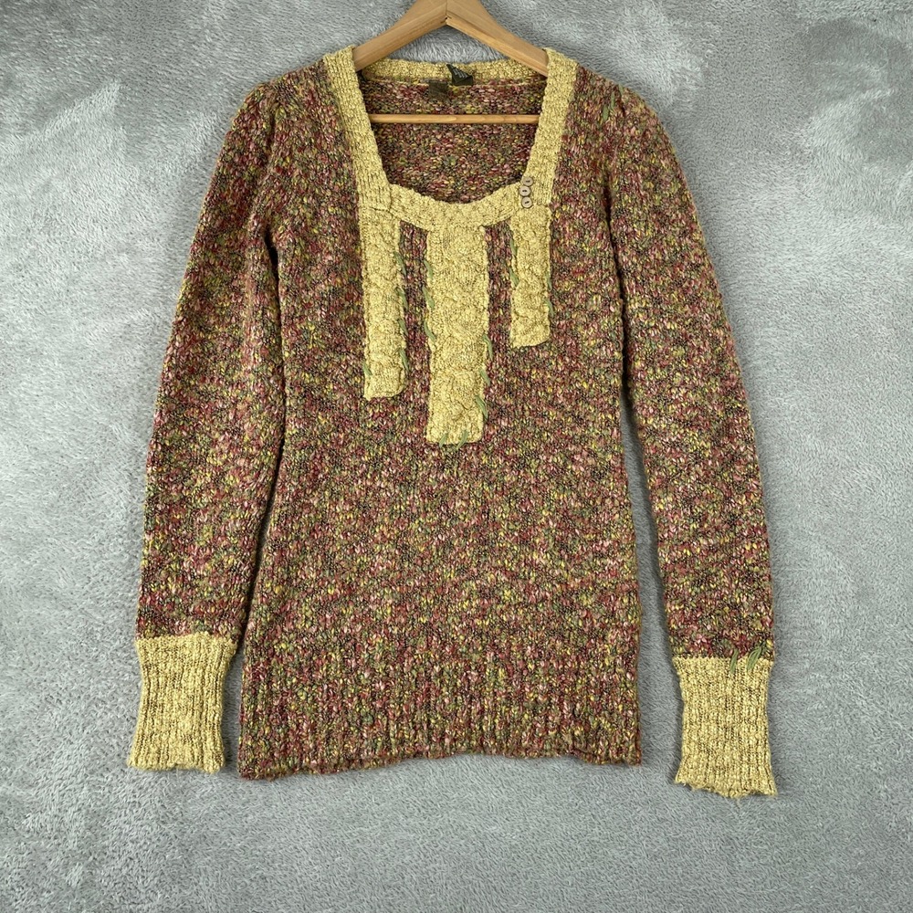 BKE Chunky Knit Sweater Womens Medium Marl Cable Square Neck Boho Fairycore
